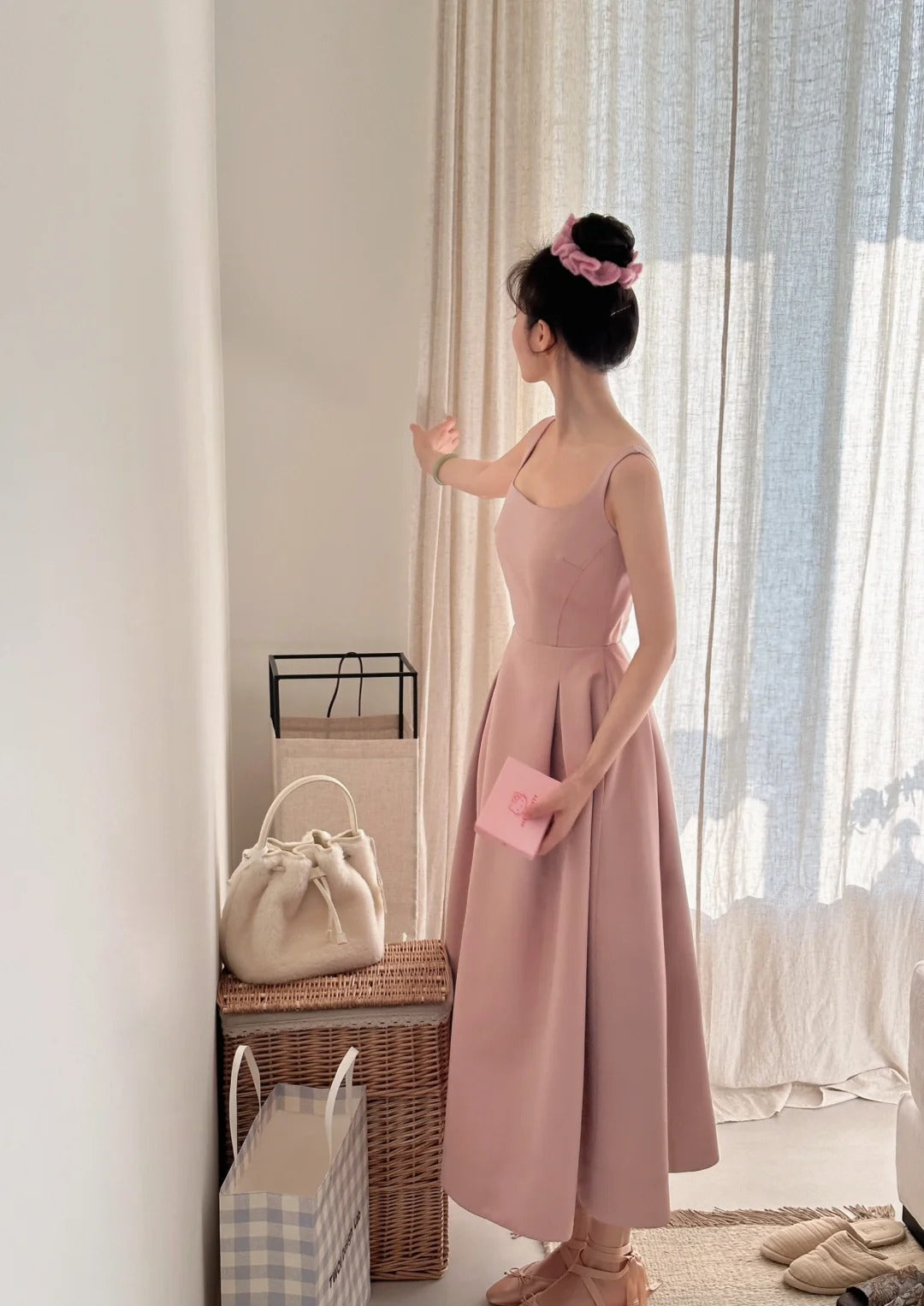 Elegant Pink A-Line Square Neck Strap Satin Long Prom & Evening Dress - View 4 | FashionDia