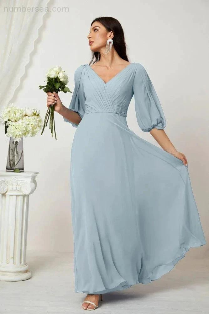 ZapDress Formal Prom Gown Women V-Neck Chiffon Bridesmaid Dresses Long Bishop Sleeve Party Dress 2807 (ZD17027)