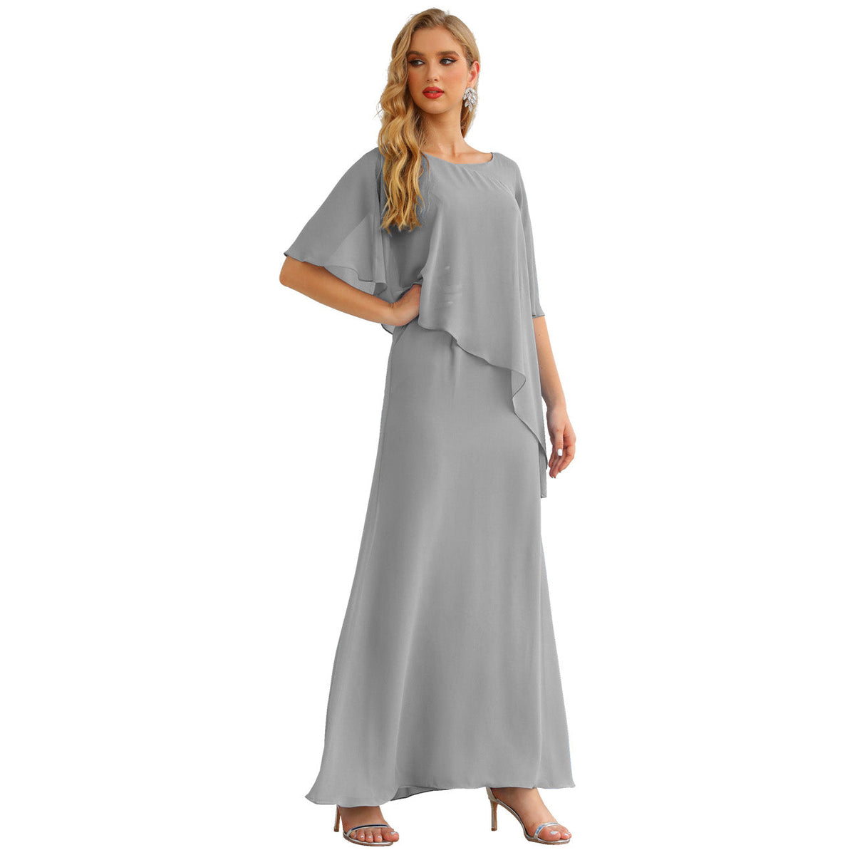 Sunnderly Chiffon Plus Size Mother of The Bride Dresses Formal Prom Gown Ruffle Cape