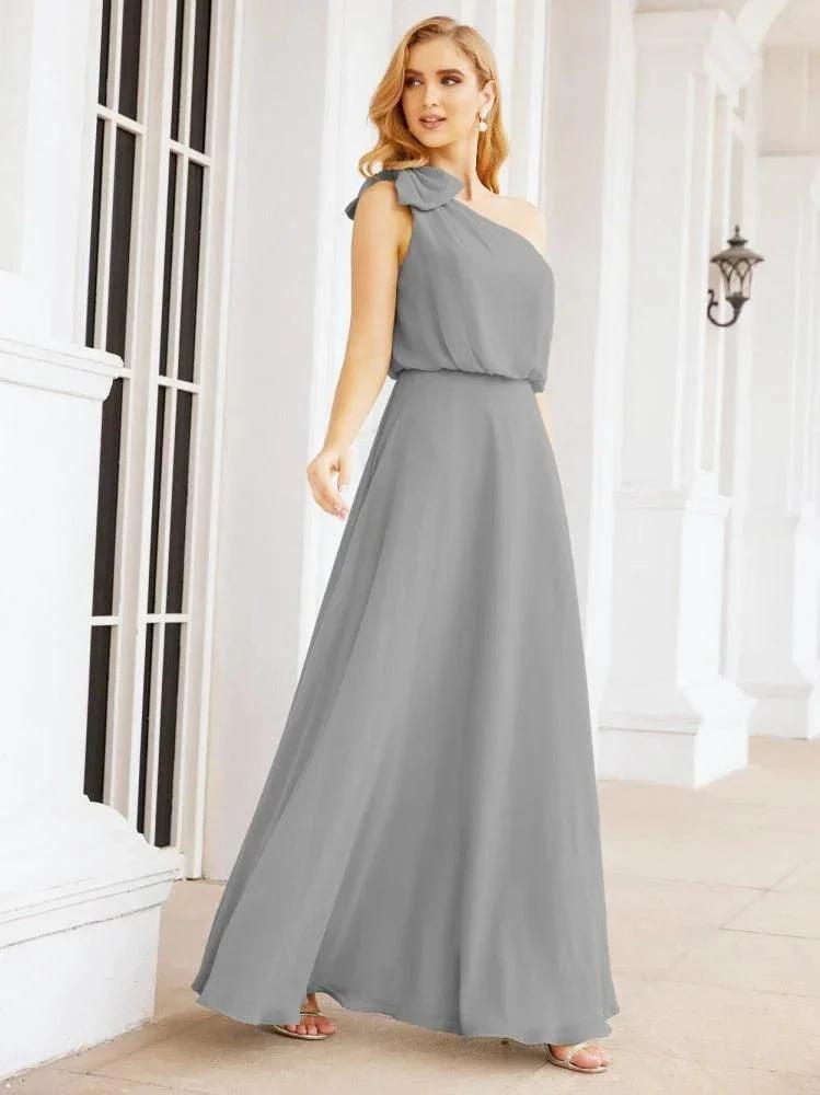 Numbersea Chiffon Ruffled One Shoulder Sleeveless Long Bride Dresses A-line Formal Evening Gown Side Split 28057 by numbersea