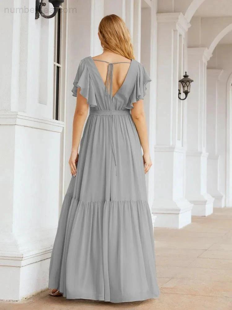 ZapDress Women's Open Back Formal Evening Party Prom Gowns V-Neck Long Chiffon Bridesmaid Dresses with Waist Belt 28038 (ZD17000)