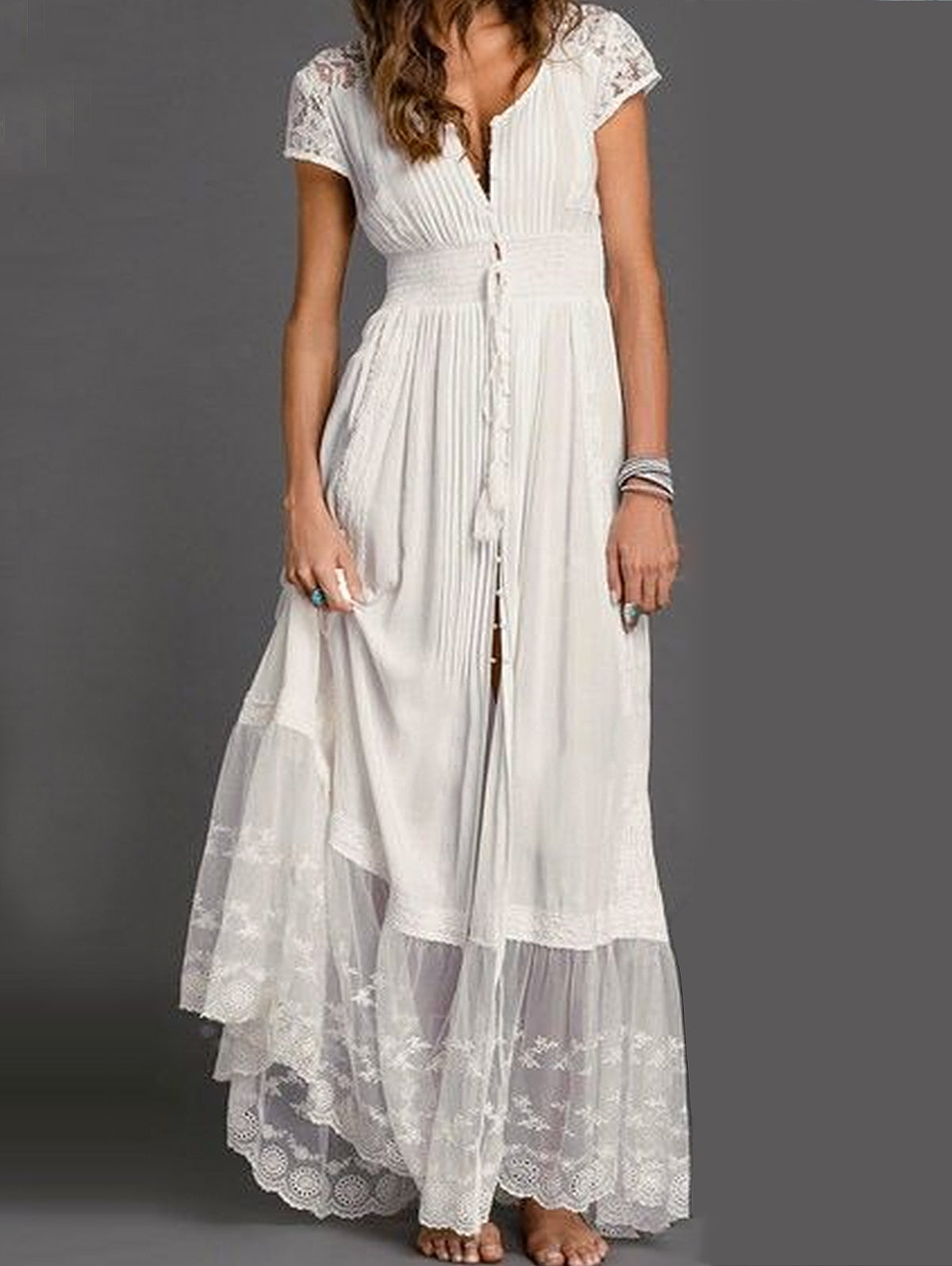 Lace Splicing Fringe Pleated Maxi Dress Short Sleeve - Omychic