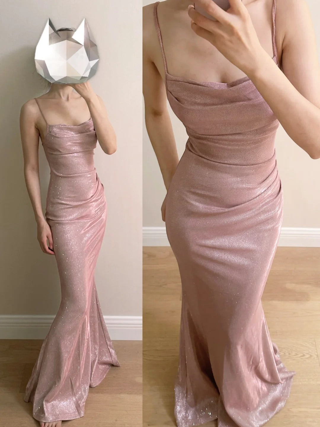 Elegant Pink Mermaid Spaghetti Strap Glittery Long Prom & Evening Dress Bridesmaid Dress - FashionDia