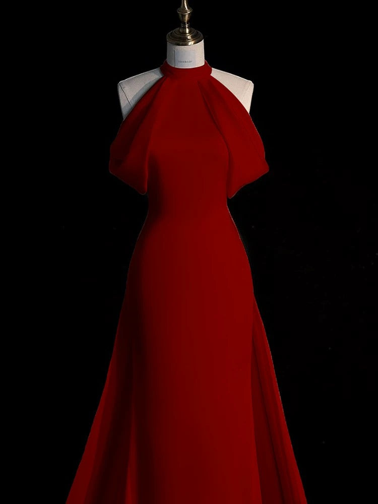 Sexy Sheath Halter Red Satin Long Prom & Evening Dress Formal Dress - View 3 | FashionDia