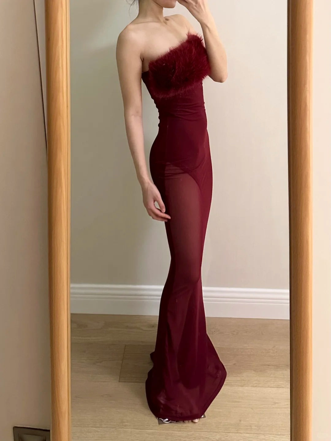 Sexy Burgundy Mermaid Strapless Mesh Long Prom Dress Evening Dress