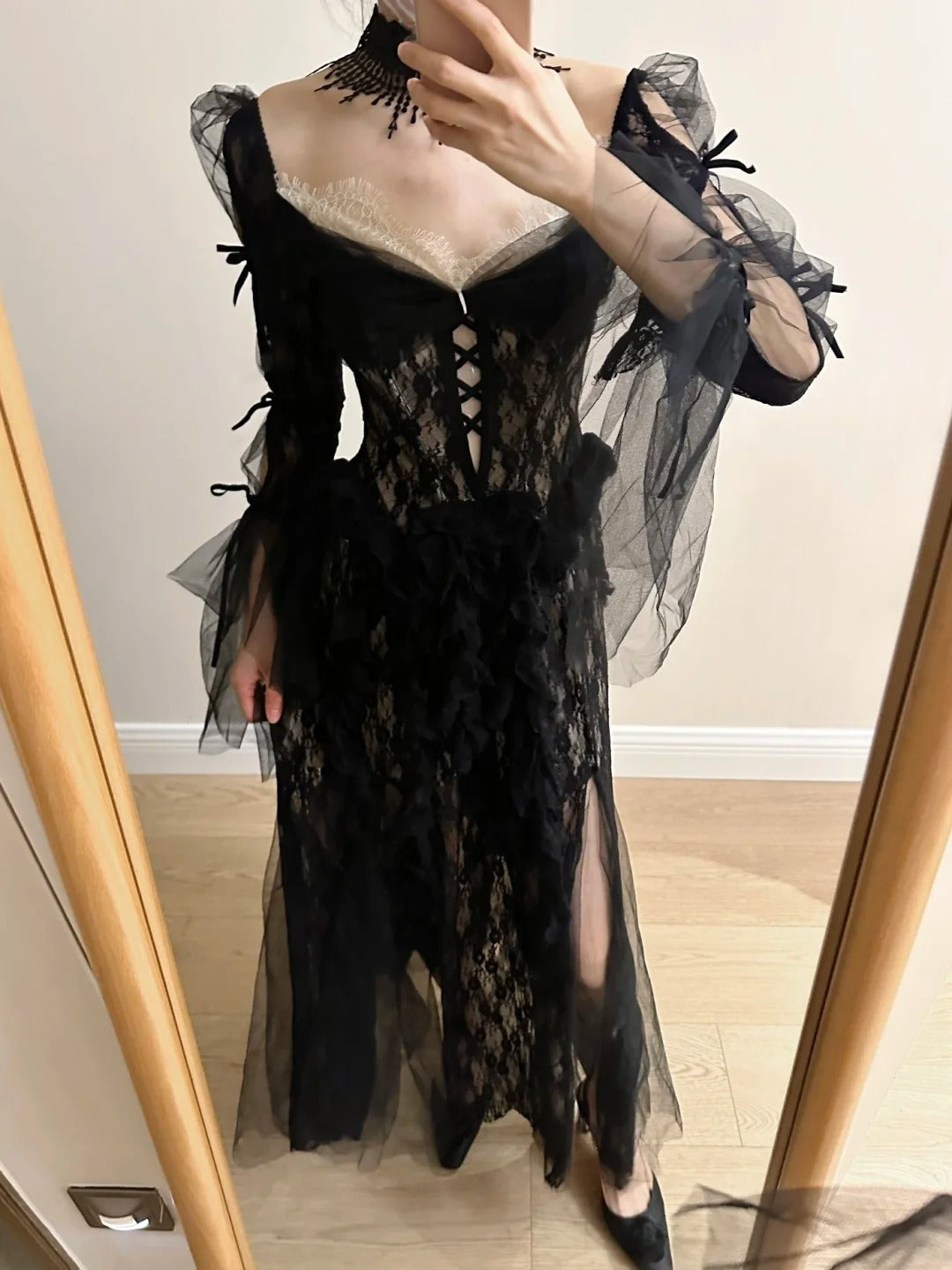 Dark Vintage Black Long Sleeve High-Slit Lace Tulle Prom & Evening Dress - FashionDia