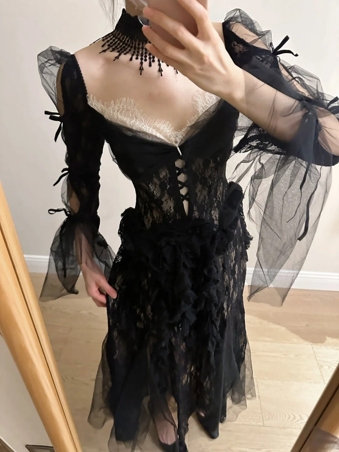 Dark Vintage Black Long Sleeve High-Slit Lace Tulle Prom & Evening Dress - View 2 | FashionDia