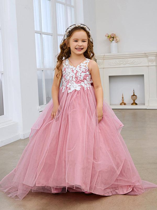 Princess Sleeveless Tulle Flower Girl Dress with Lace and Bow Pink (010224320) - View 3 | VelvetHem