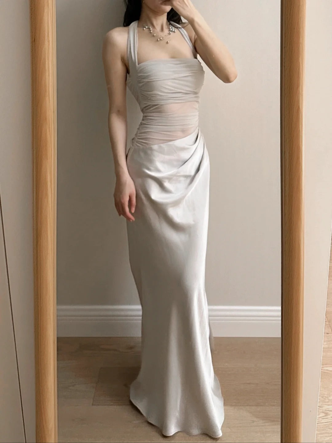 Elegant Grey Mermaid Halter Neck Square Neck Satin Tulle Long Prom & Evening Dress - FashionDia