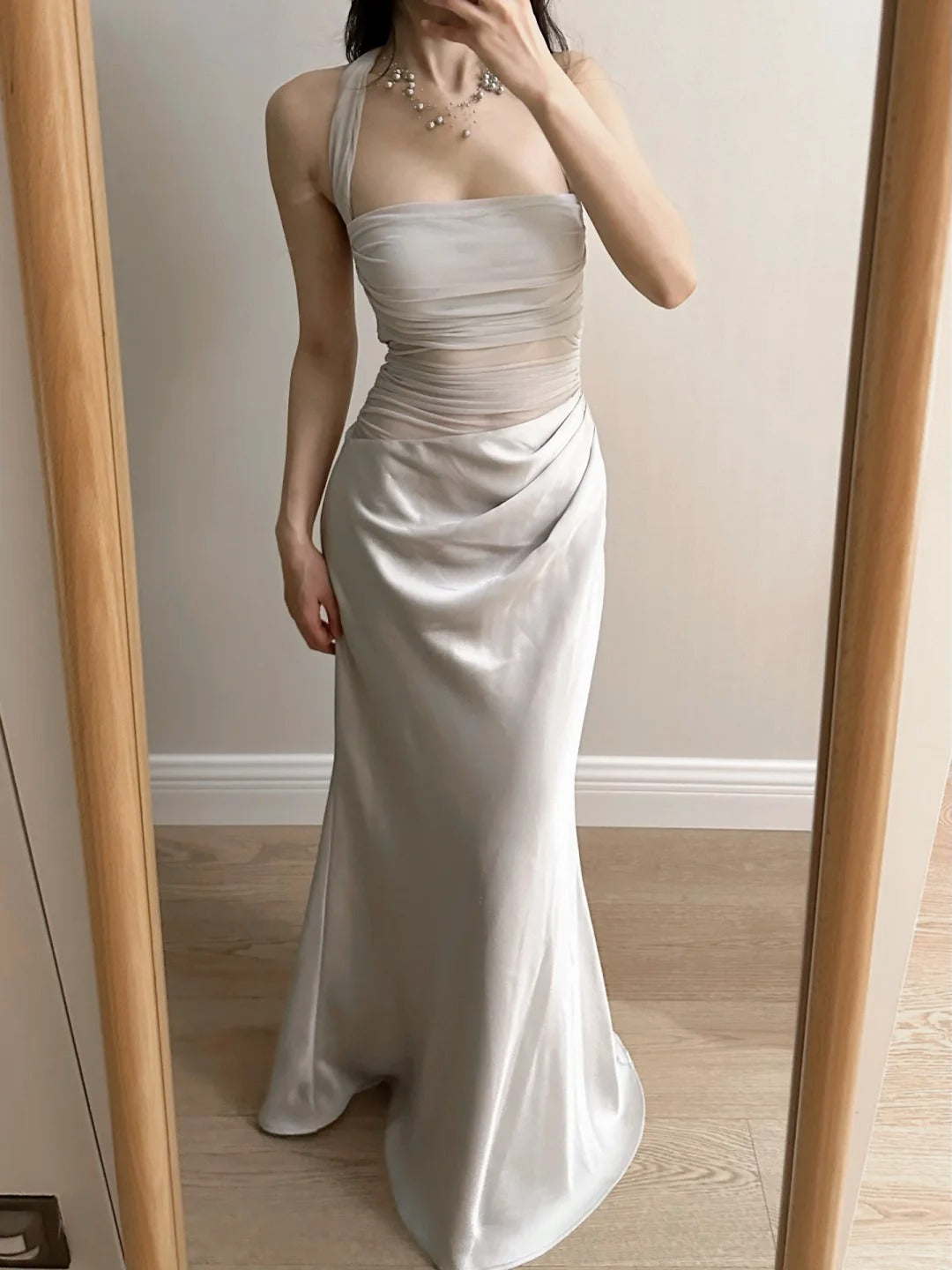 Elegant Grey Mermaid Halter Neck Square Neck Satin Tulle Long Prom & Evening Dress - View 2 | FashionDia