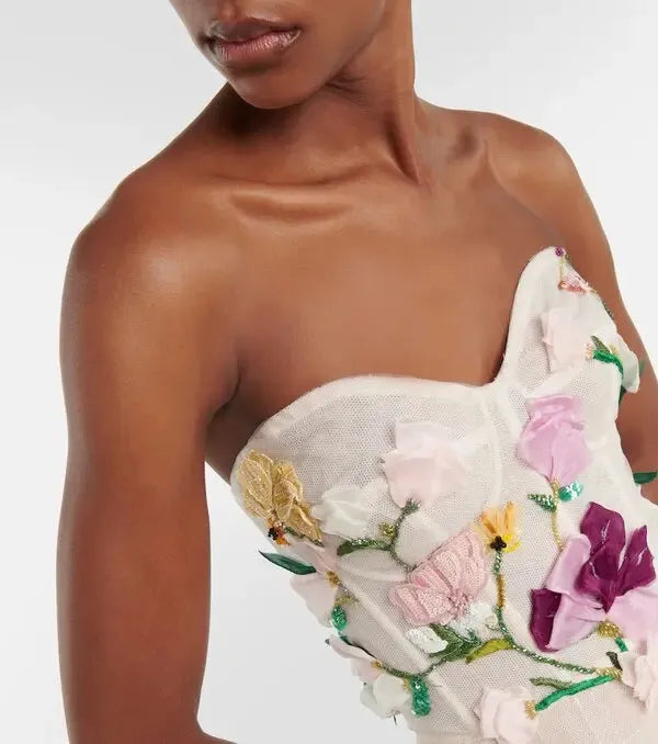 Pretty Gala Prom Dresses A Line Strapless Princess Special Occasion Gowns 3D Flowers Celebrity Formal Dress