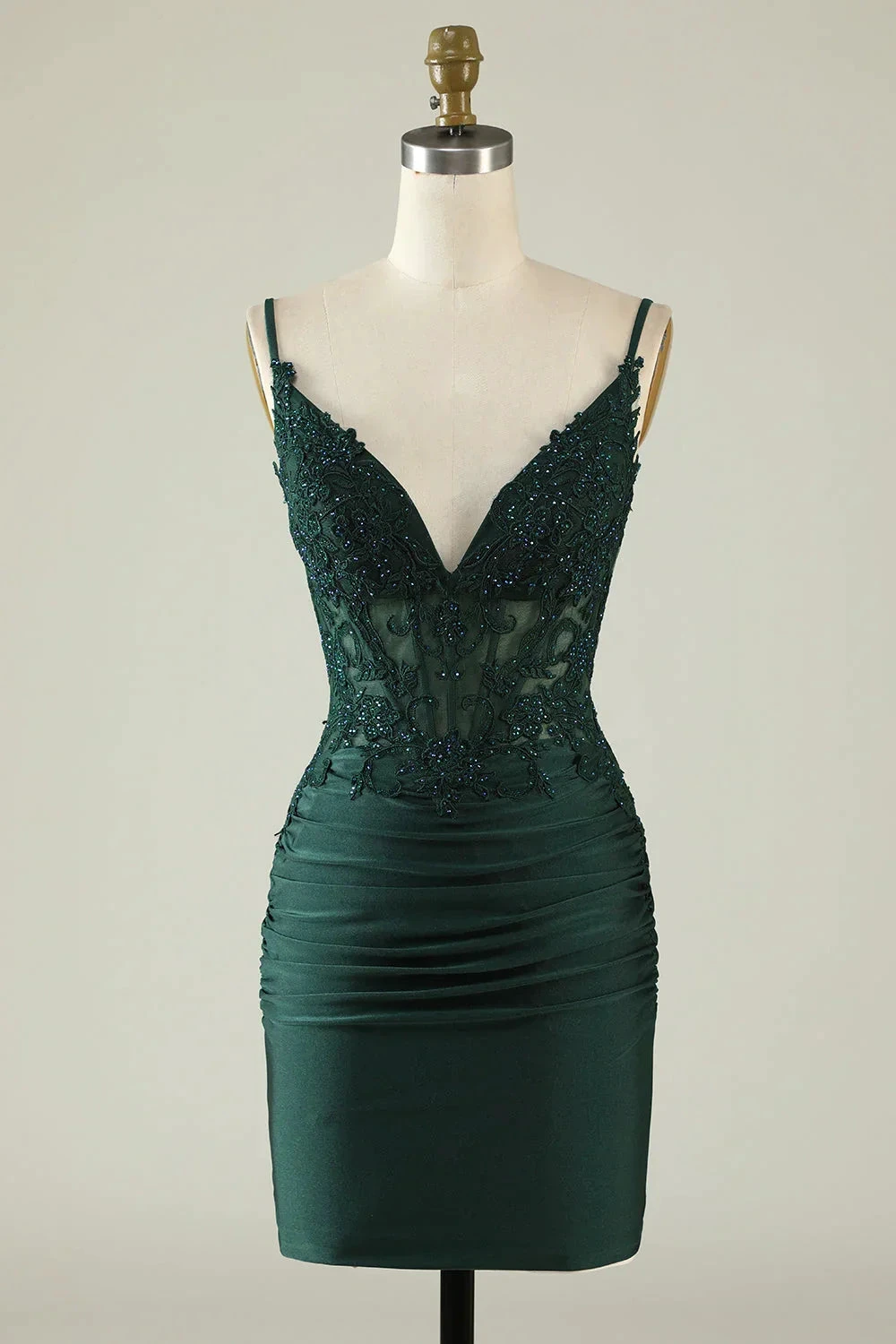 Tight V-Neck Dark Green Pleated Homecoming Dress with Appliques Y2660 by simplepromdress
