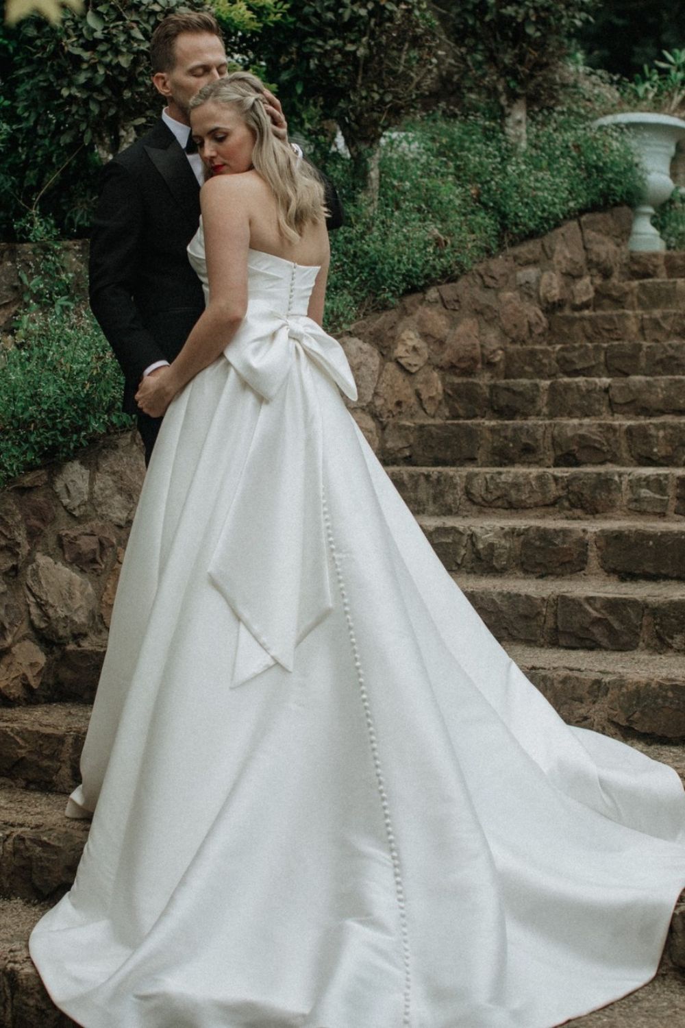 Elegant A-Line Strapless White Satin Long Wedding Dress with Ruched - View 2 | FashionDia