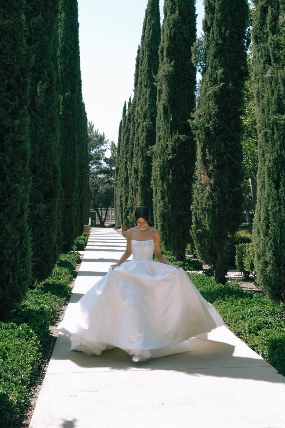Simple A Line Strapless White Satin Wedding Dress with Sweep Train