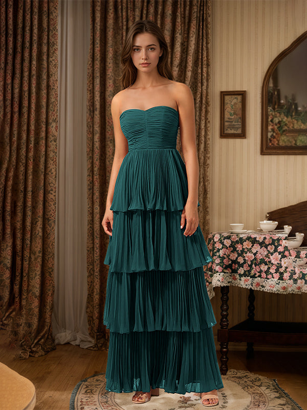 Burgundy A-Line Sweetheart Floor-Length Tiered Chiffon Bridesmaid Dress