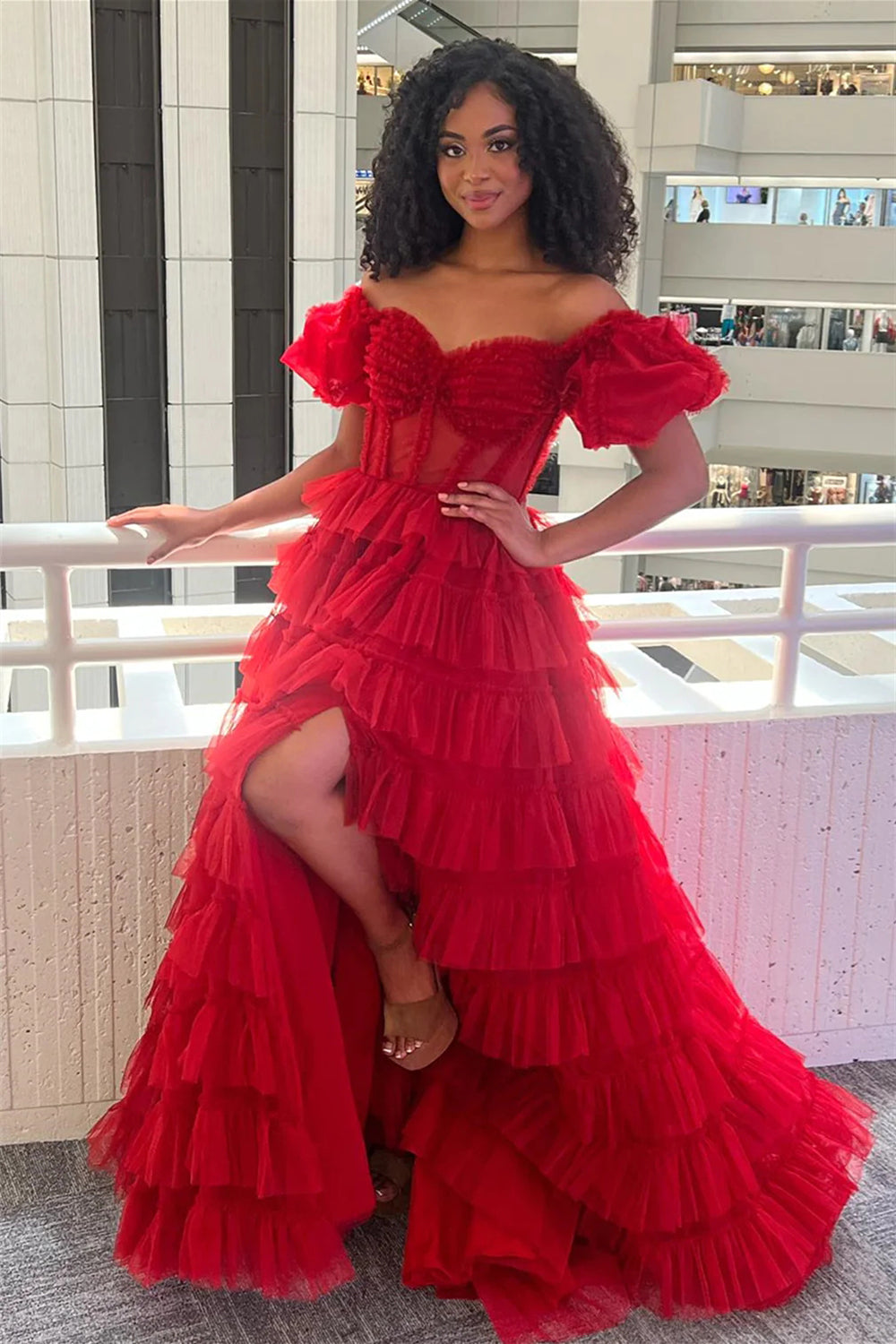 Charming A Line Off the Shoulder Red Corset Prom Dress with Ruffles - FashionDia
