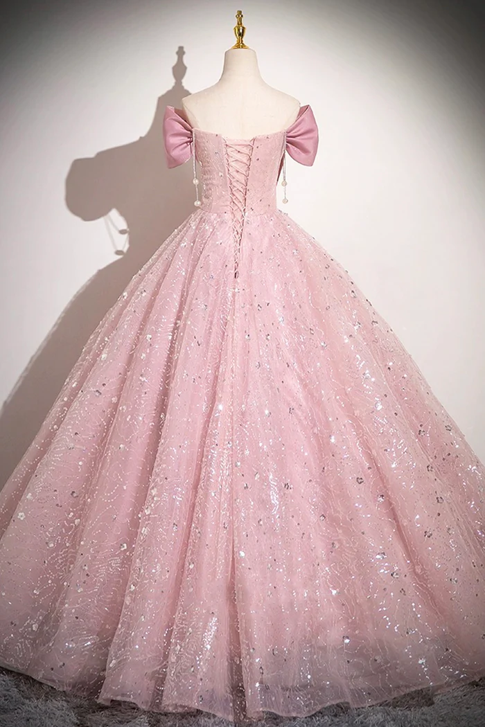 Cute Pink Tulle Sequins Long A-Line Ball Gown, Off-the-Shoulder Sweet 16 Dress