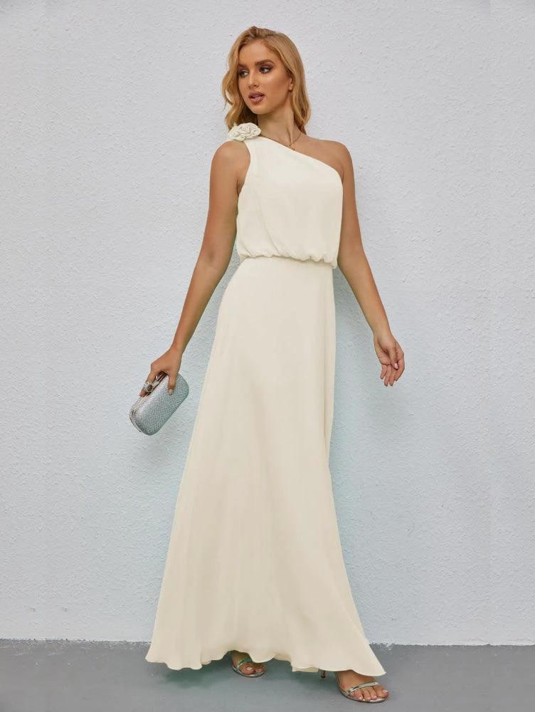 Ruffled One Shoulder Sleeveless Long Bridesmaid Dresses A-line Formal Evening Gown Side Split 28080 by numbersea