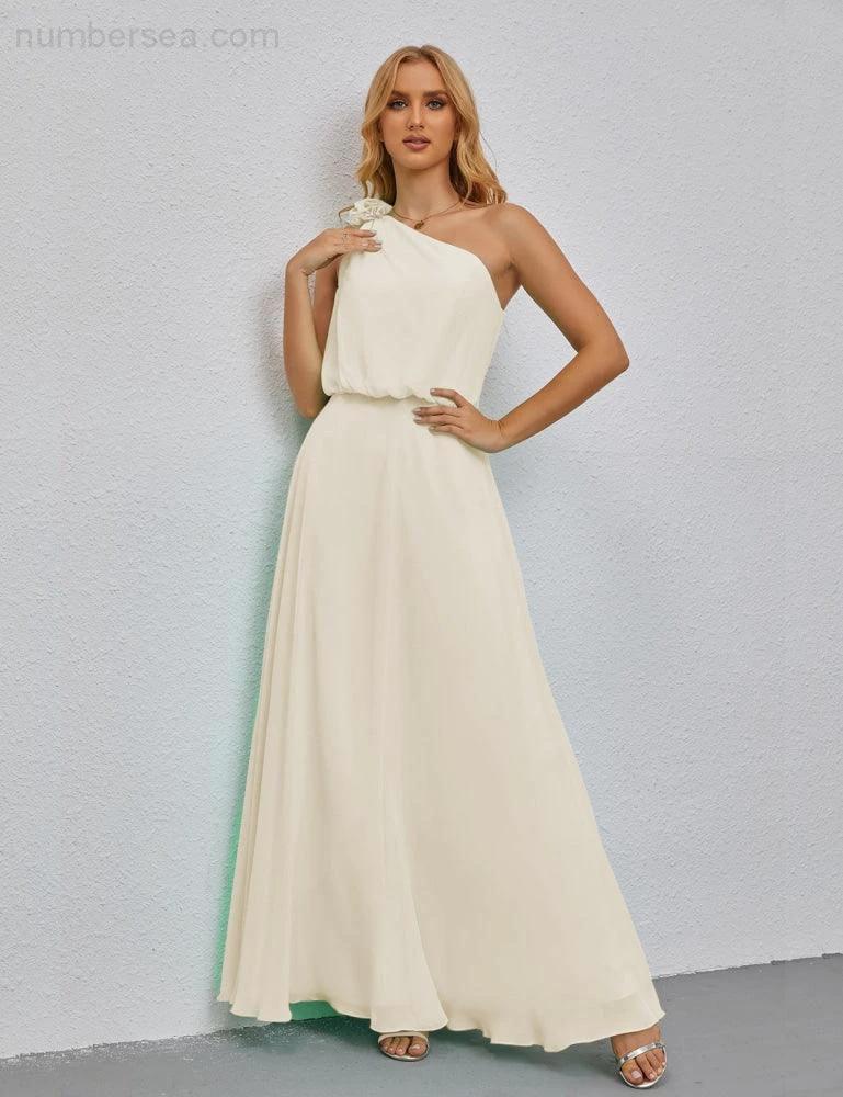 Ruffled One Shoulder Sleeveless Long Bridesmaid Dresses A-line Formal Evening Gown Side Split 28080 (ZD17018)