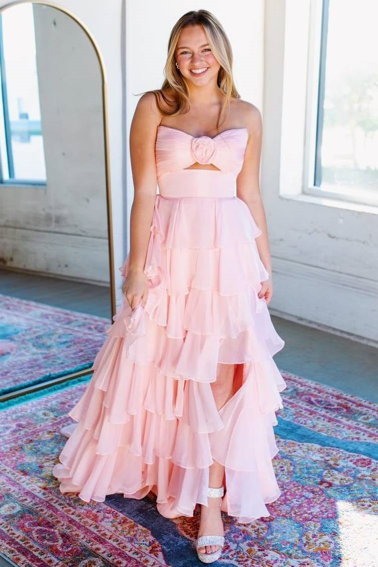 Sweety A-Line Sweetheart Pink Printed Long Tiered Prom Dress with Slit