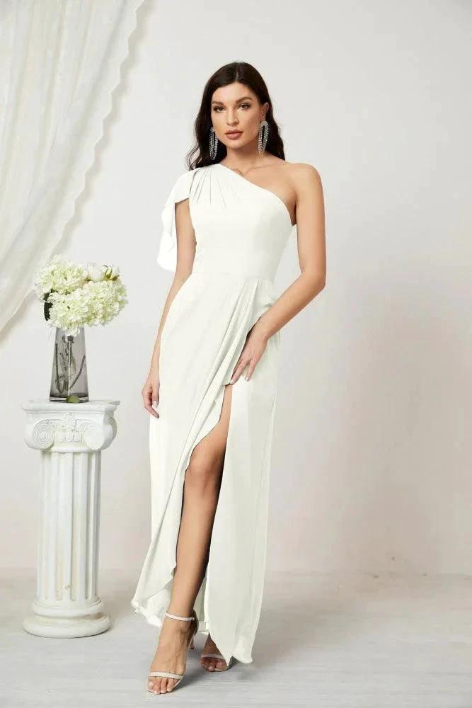 Numbersea Chiffon Ruffled One Shoulder Long Bridesmaid Dresses A-line Formal Evening Gown Side Split 2809 by numbersea