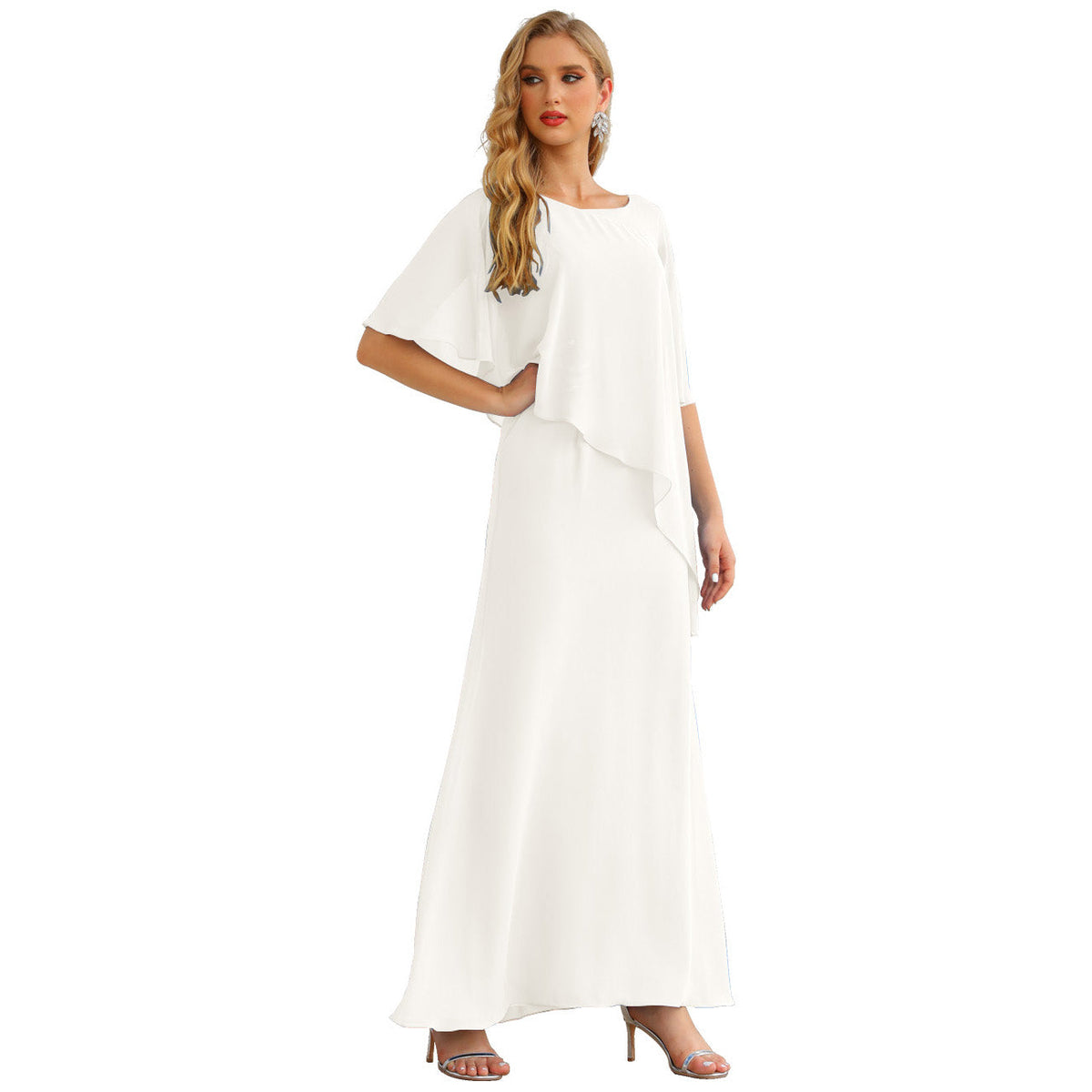 Sunnderly Chiffon Plus Size Mother of The Bride Dresses Formal Prom Gown Ruffle Cape