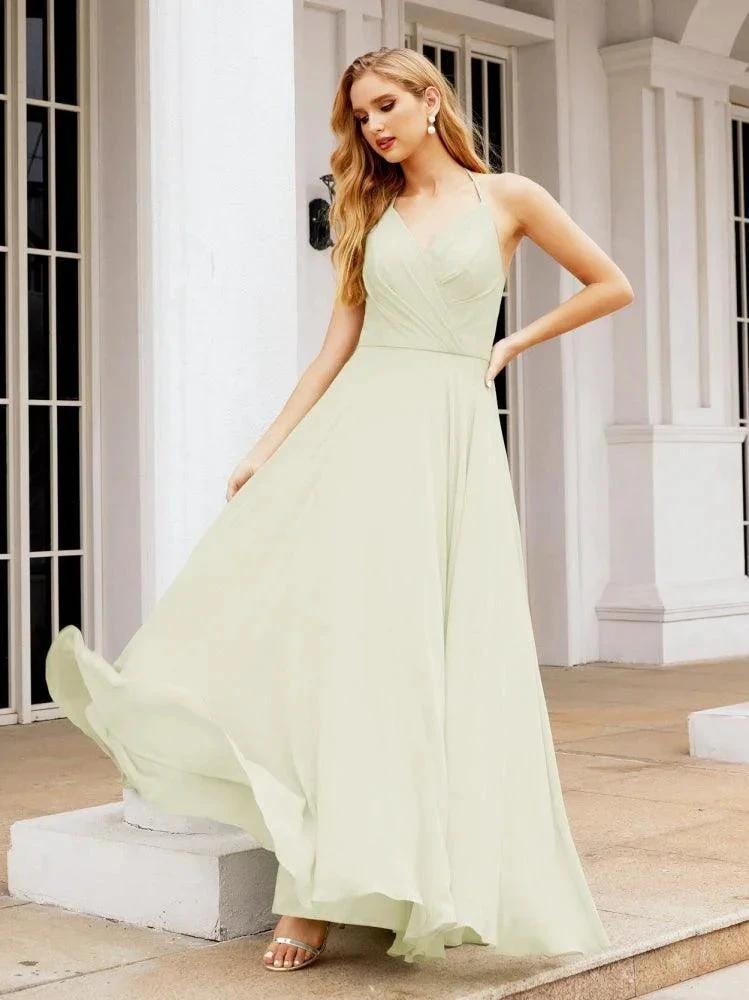 Numbersea Halter Chiffon Bridesmaid Dresses Wedding Appare Sleeveless Formal Prom Dress with Ruffled Back 28035 by numbersea