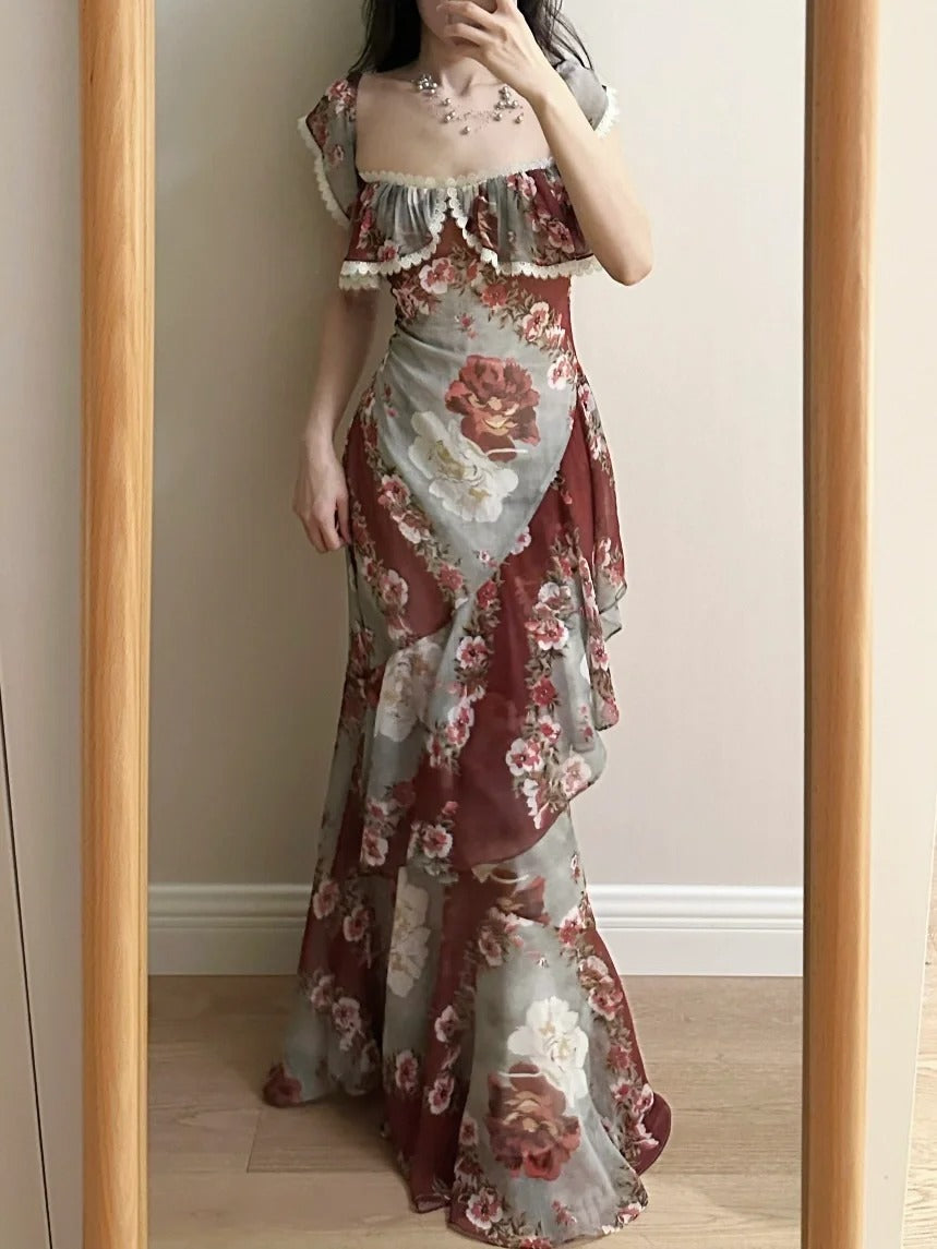 Retro Mermaid Print Ruffled Chiffon Long Prom Dress Evening Dress