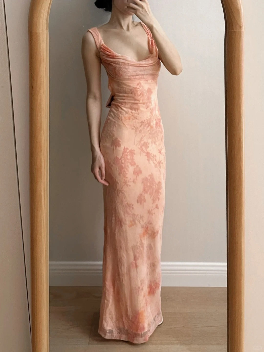 Sweet Pink Mermaid Backless Bow Print Chiffon Long Prom & Evening Dress - FashionDia