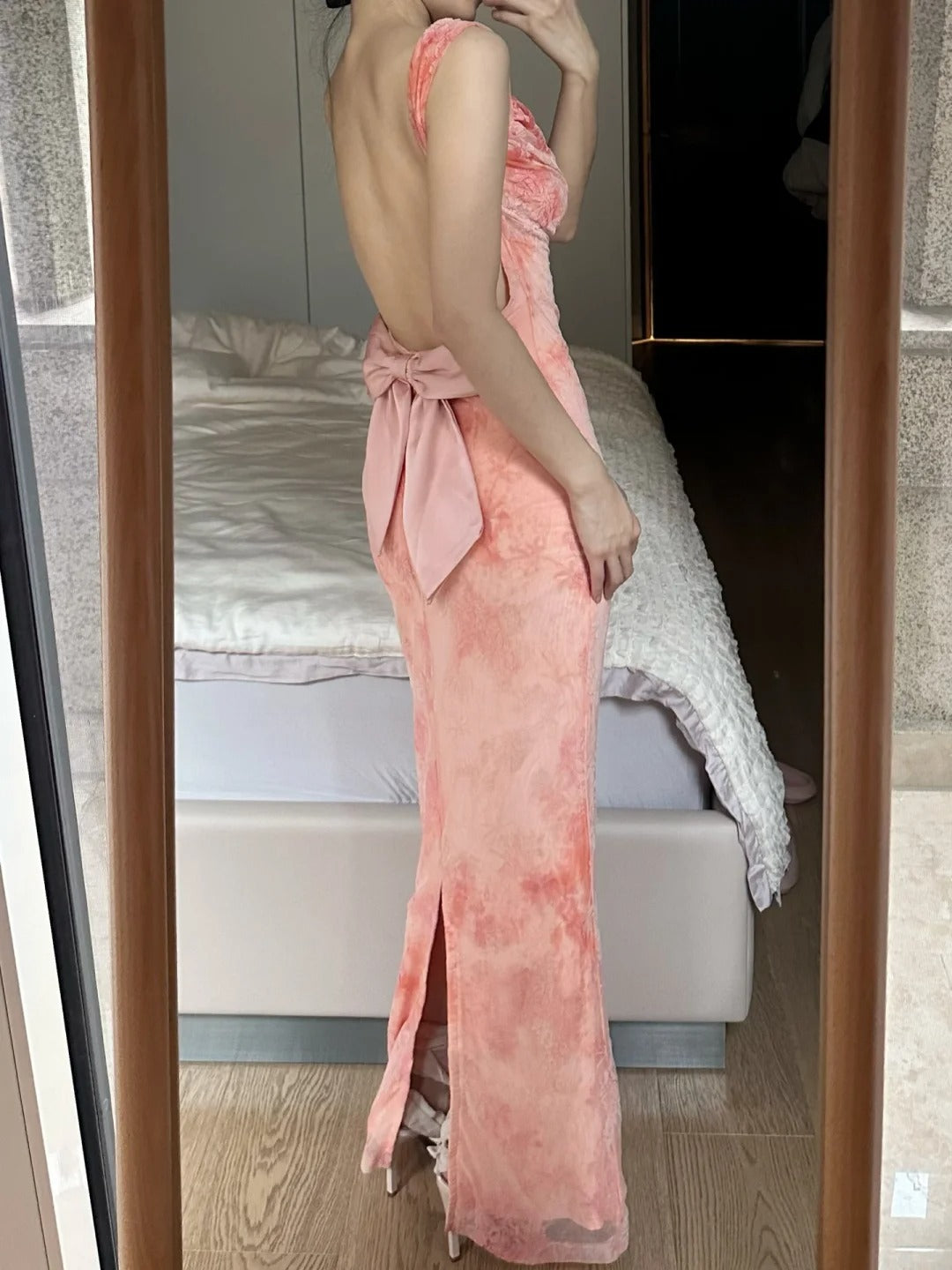 Sweet Pink Mermaid Backless Bow Print Chiffon Long Prom & Evening Dress - View 2 | FashionDia