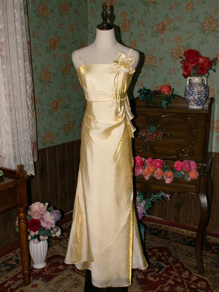 Vintage Yellow Floral Embellished Evening Gown Fairy Princess Party Evening Dress - FashionDia