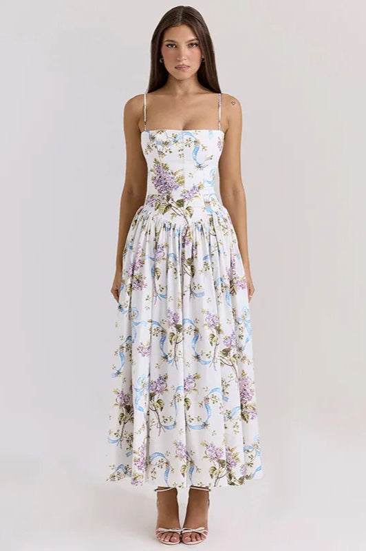 Print Pleated Spaghetti Maxi Dress - FashionDia