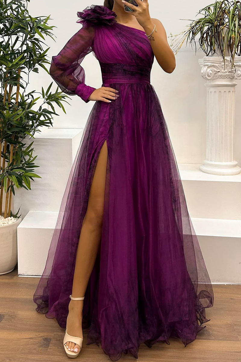Sexy Prom Floral Print Slit Mesh Flower Shape Sloping Shoulder Evening Dresses(6 Colors) - View 9 | VelvetHem