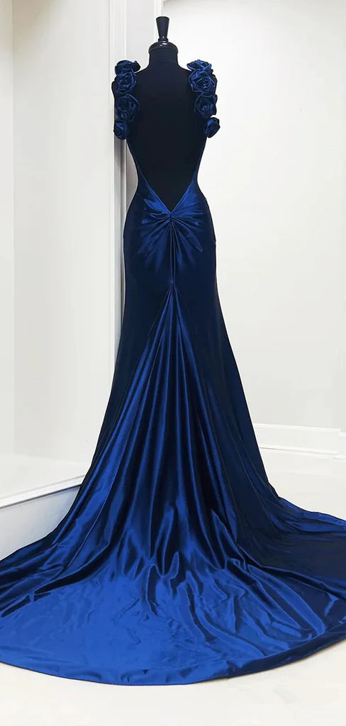 Elegant Deep V Navy Blue Mermaid Long Party Dress Evening Dress - View 2 | FashionDia
