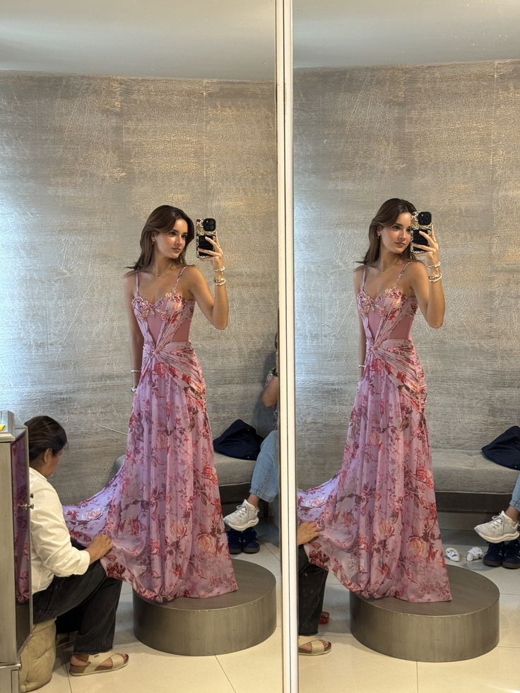 Pretty Spaghetti Straps Sweetheart Neck Chiffon Printed Floral Pleated Mermaid Evening Dress Long Prom Dress - FashionDia