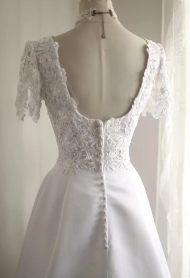 Classy Lace Appliques Satin A-Line White Long Wedding Dress - View 4 | FashionDia