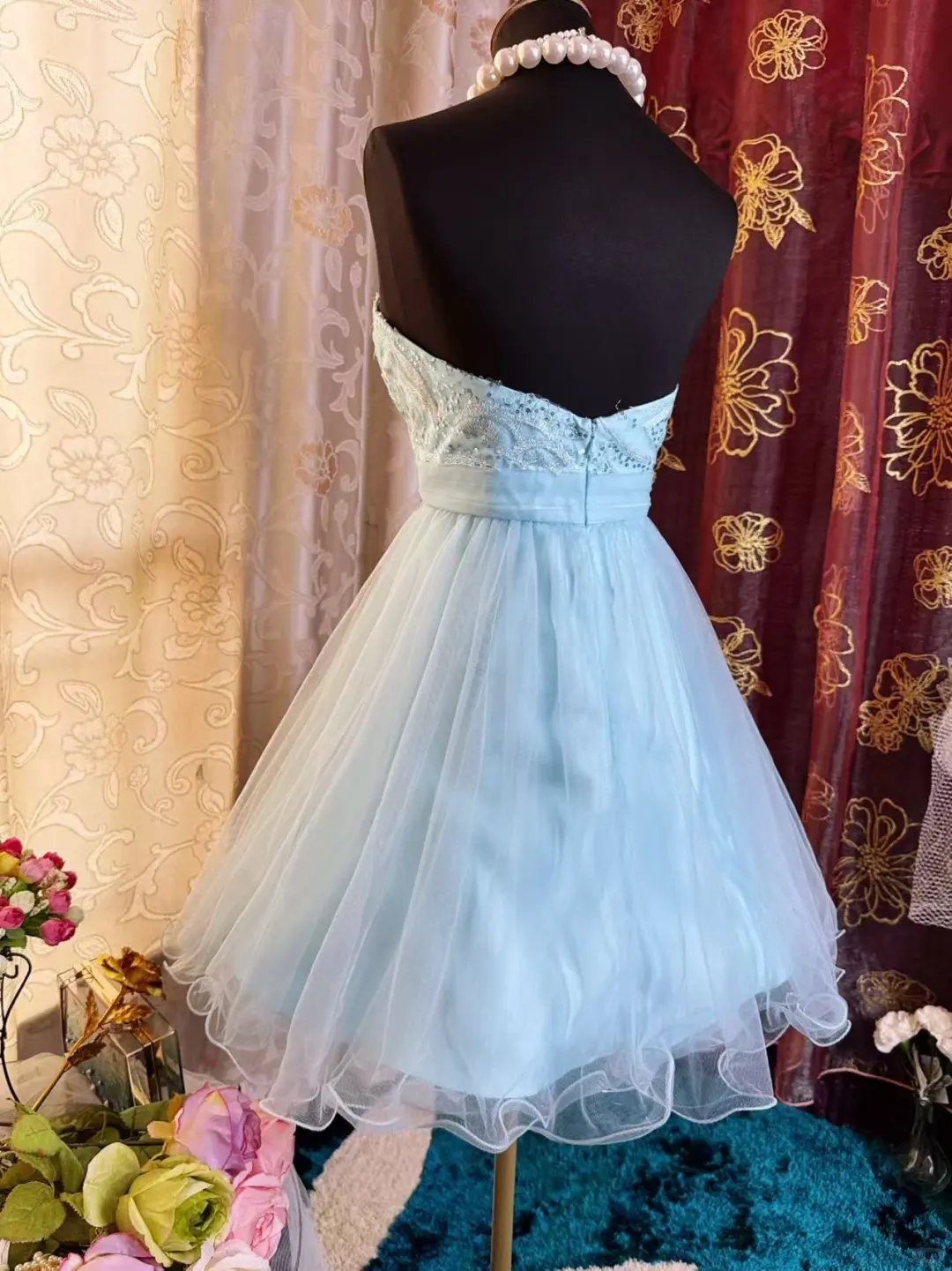 Cute Strapless Light Blue Tulle Appliques A Line Short Graduation Homecoming Dress 20th Birthday Outfits D726