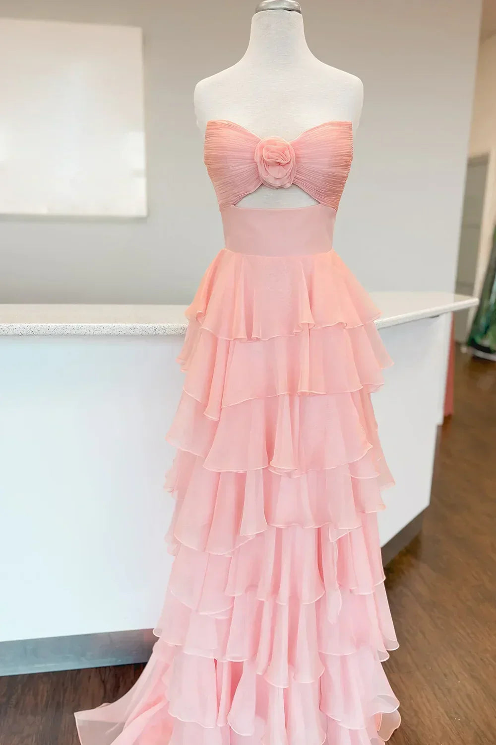 Sweety A-Line Sweetheart Pink Printed Long Tiered Prom Dress with Slit