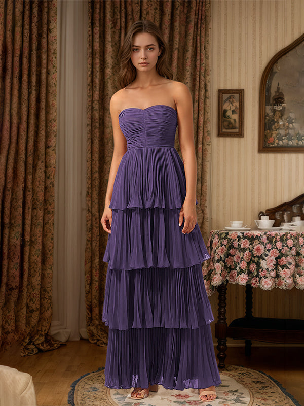 Burgundy A-Line Sweetheart Floor Length Tiered Chiffon Bridesmaid Dress