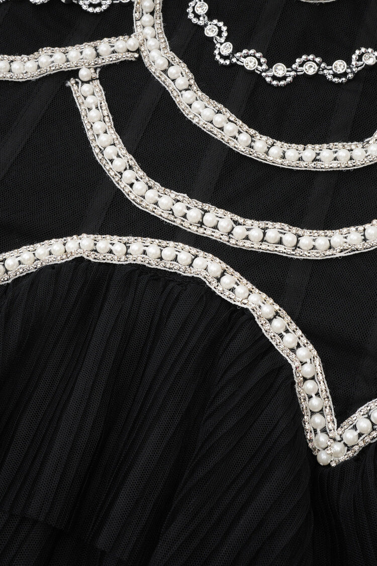 Luxury Crystal Pearl Beaded Drop Waist Tiered Tulle Maxi Evening Dress - View 6 | VelvetHem