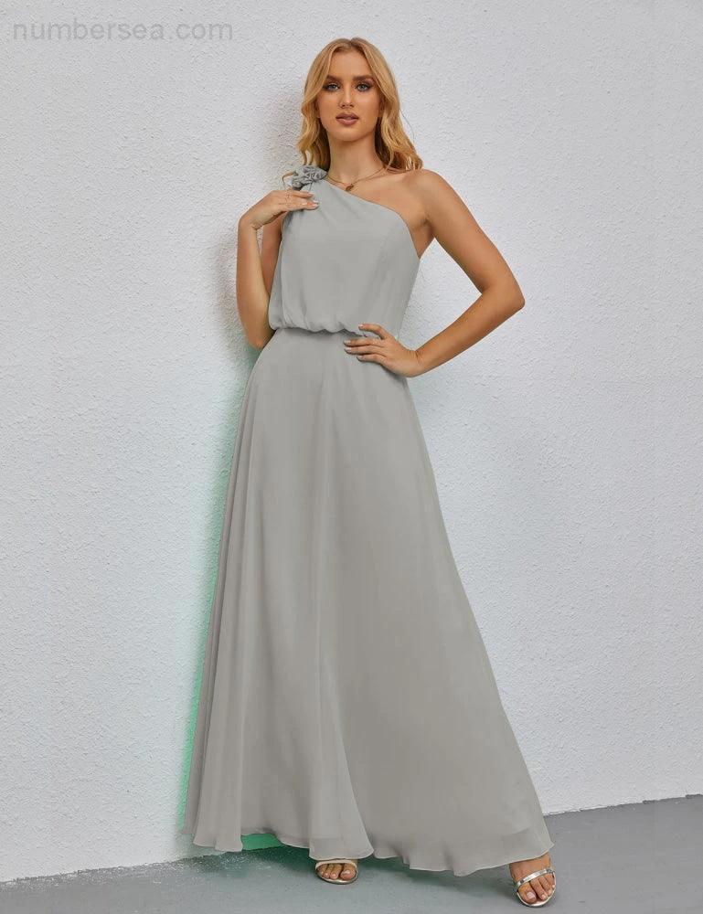 Ruffled One Shoulder Sleeveless Long Bridesmaid Dresses A-line Formal Evening Gown Side Split 28080 (ZD17018)