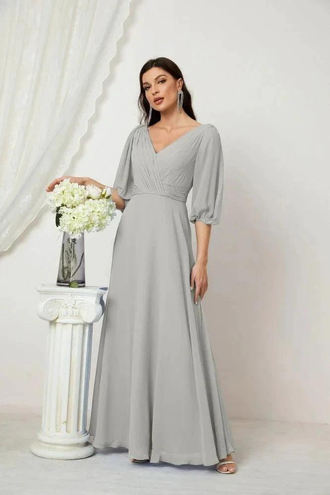Numbersea Formal Prom Gown Women V-Neck Chiffon Bridesmaid Dresses Long Bishop Sleeve Party Dress 2807 by numbersea