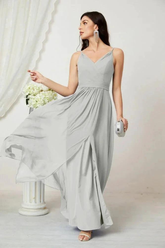 Numbersea Chiffon V-Neck Bridesmaid Dress Spaghetti Strap Long Formal Party Prom Gowns with Slit 28010 by numbersea