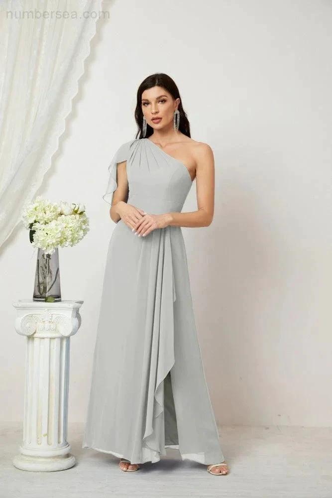 ZapDress Chiffon Ruffled One Shoulder Long Bridesmaid Dresses A-line Formal Evening Gown Side Split 2809 (ZD17049)