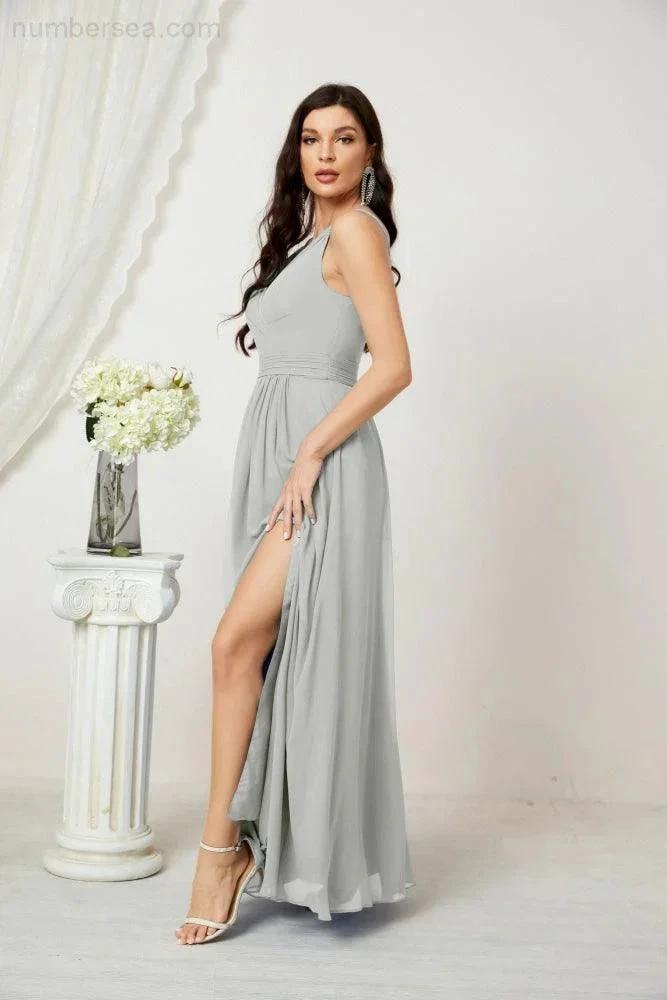 ZapDress Chiffon V-Neck Bridesmaid Dress Spaghetti Strap Long Formal Party Prom Gowns with Slit 28010 (ZD17028)