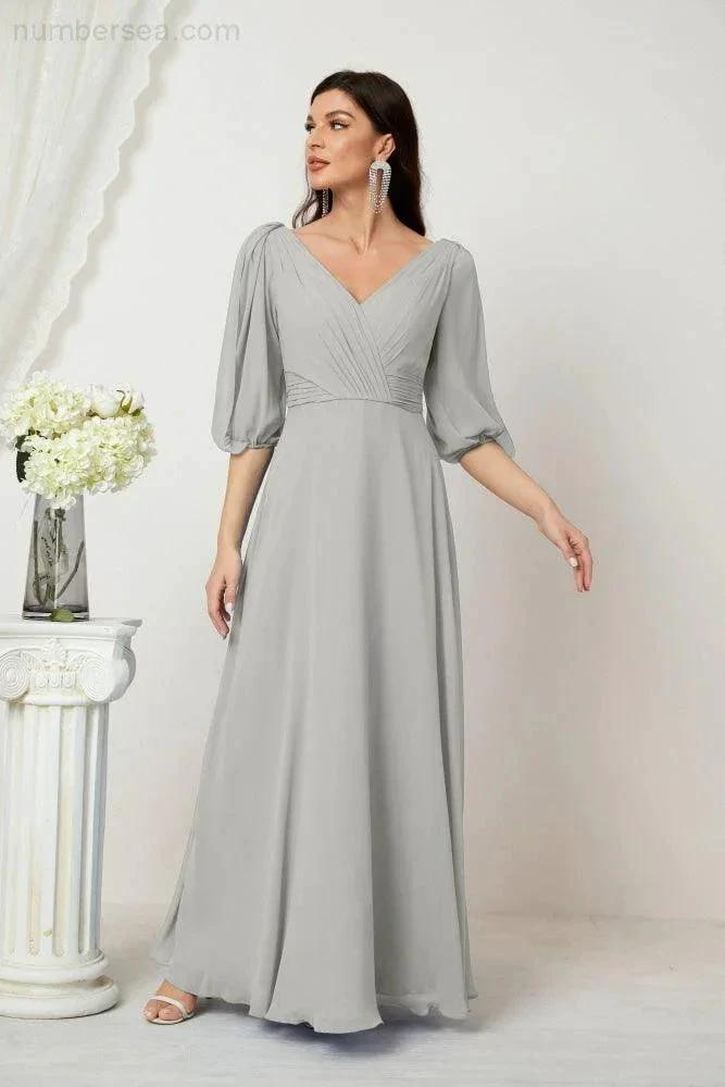 ZapDress Formal Prom Gown Women V-Neck Chiffon Bridesmaid Dresses Long Bishop Sleeve Party Dress 2807 (ZD17027)