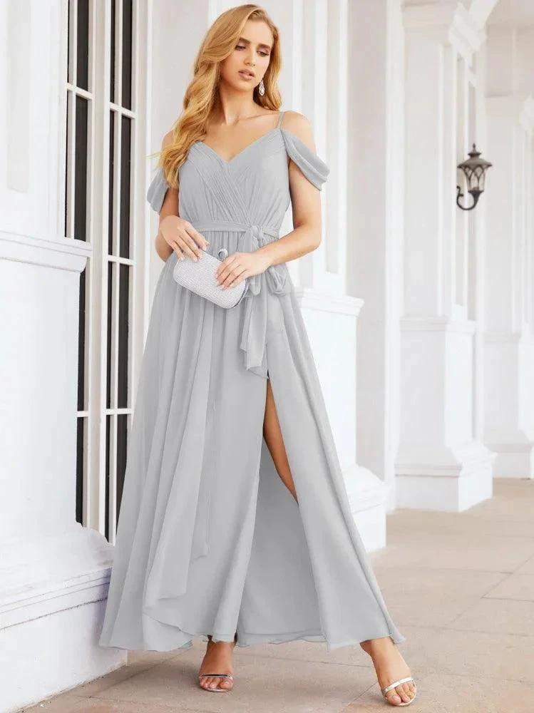 Numbersea Off The Shoulder Chiffon Bridesmaid Dress Long Formal Graduation Gown with Cowl Back 28069 by numbersea