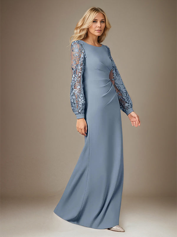 Dusty Blue Stretch Crepe Round Neck Long Sleeves Floor Length Dress With Appliques
