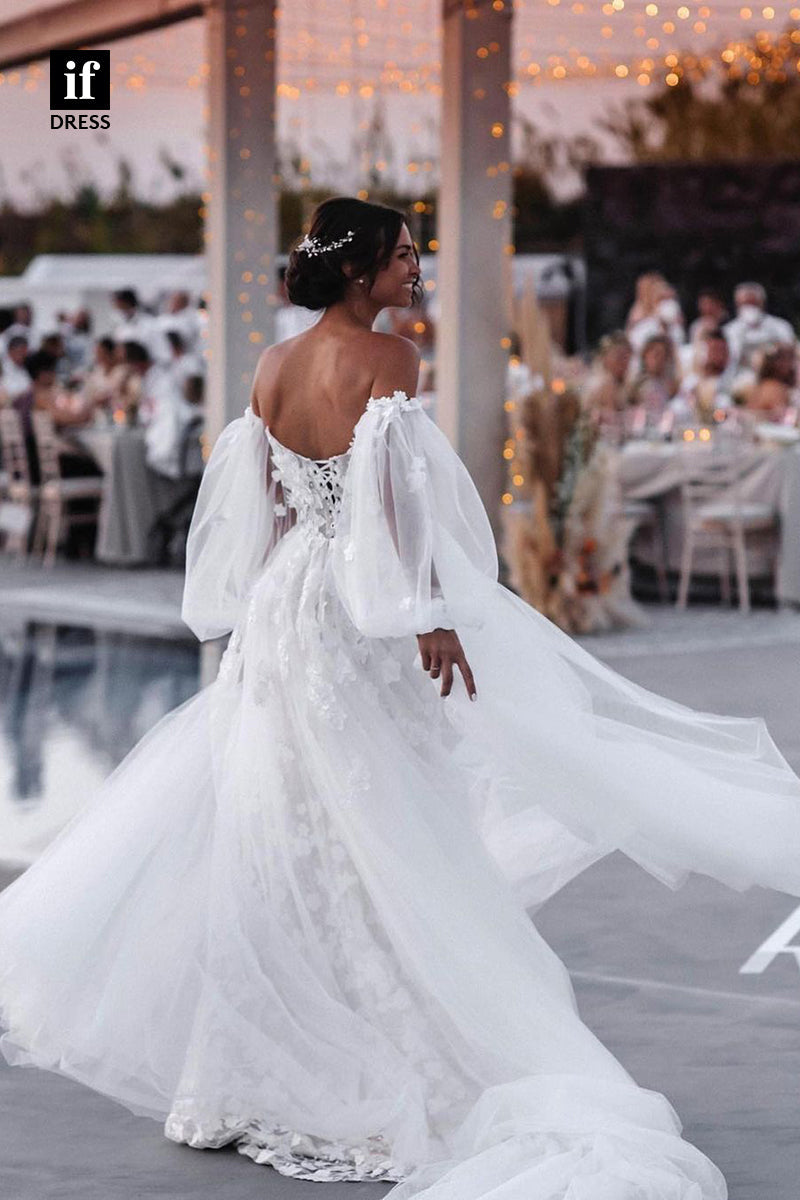 31572 - Attractive Off-Shoulder Long Sleeves Lace Appliques Wedding Dress