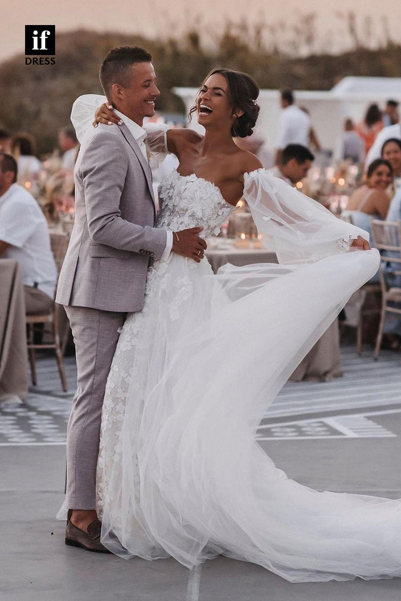 31572 - Attractive Off-Shoulder Long Sleeves Lace Appliques Wedding Dress